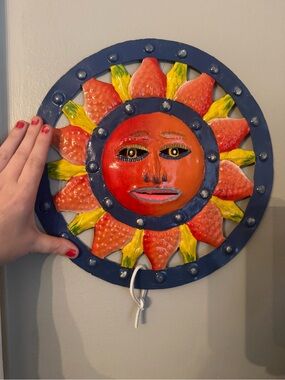 Funky Handpainted Sun Wall Hanging - Bright Orange, Yellow & Blue